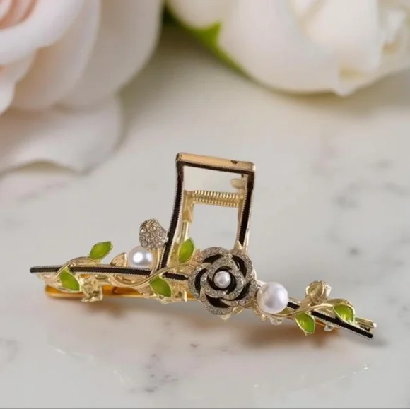 Green Leaf Camellia Design Hair Claw Clip Gold-Black-Green - Picture 3 of 4